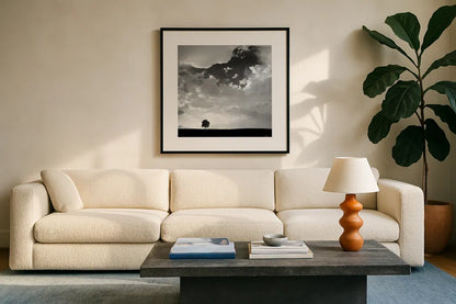 Lone Tree Square by Aledanda. Displayed in a glass frame with matte in a clean modern living room. Available as an archival giclee rolled canvas, fine art paper, or poster print. SKU 15233a.