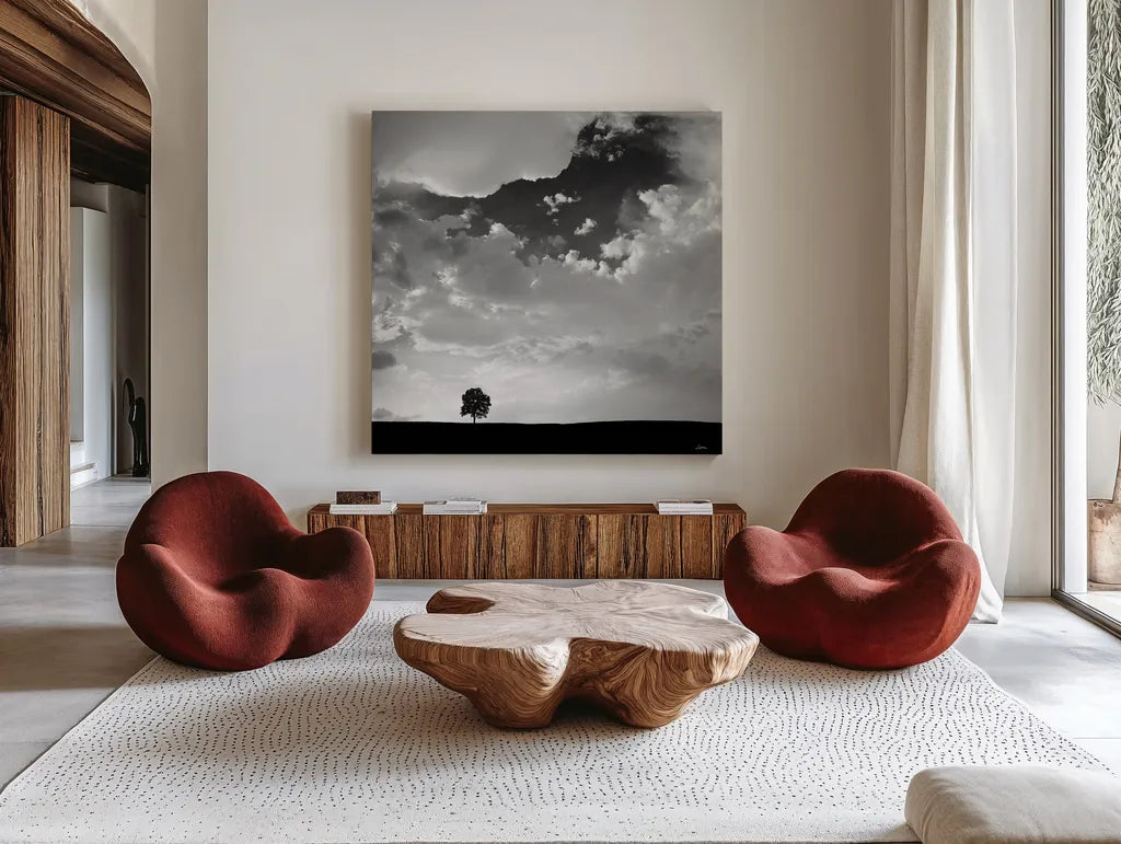 Lone Tree Square by Aledanda. Shown as extra-large giant wall art in a modern living room. Available as an archival giclee rolled canvas, fine art paper, or poster print. SKU 15233a.