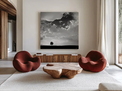 Lone Tree Square by Aledanda. Shown as extra-large giant wall art in a modern living room. Available as an archival giclee rolled canvas, fine art paper, or poster print. SKU 15233a.