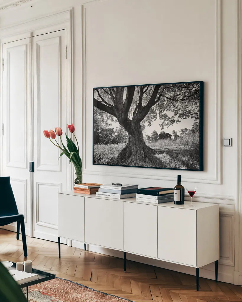 Longwood Tree by Aledanda. shown as a framed stretched canvas in a living room above a console. Available as a archival giclee rolled canvas, fine art paper, or poster print. SKU 37454i.