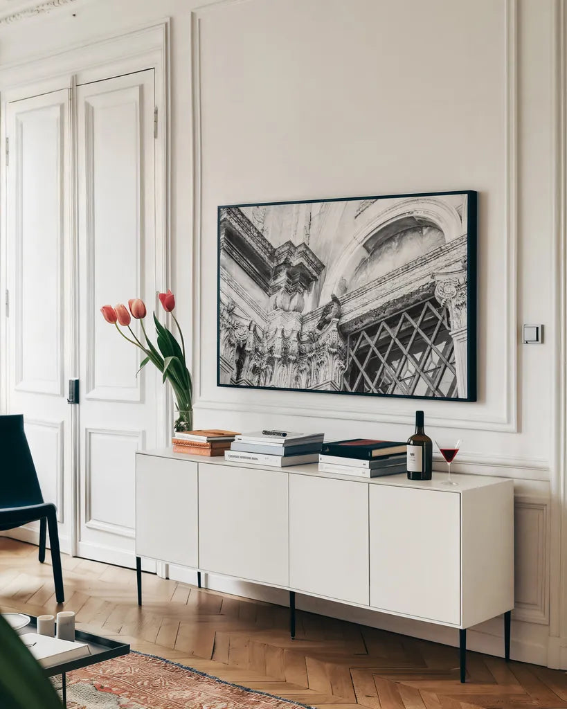 Looking Up by Aledanda. shown as a framed stretched canvas in a living room above a console. Available as a archival giclee rolled canvas, fine art paper, or poster print. SKU 58395i.