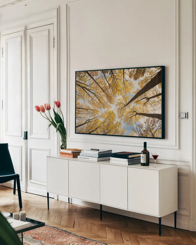 Looking Up I by Aledanda. shown as a framed stretched canvas in a living room above a console. Available as a archival giclee rolled canvas, fine art paper, or poster print. SKU 38285i.