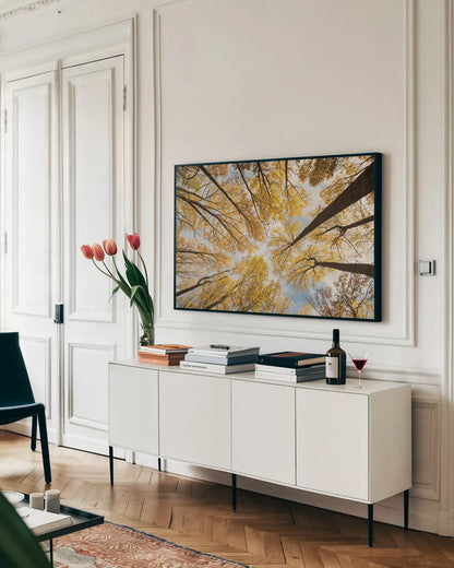 Looking Up I by Aledanda. shown as a framed stretched canvas in a living room above a console. Available as a archival giclee rolled canvas, fine art paper, or poster print. SKU 38285i.