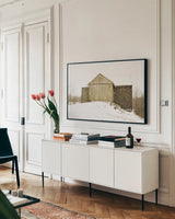 Majestic in the Snow by Aledanda. shown as a framed stretched canvas in a living room above a console. Available as a archival giclee rolled canvas, fine art paper, or poster print. SKU 60532i.