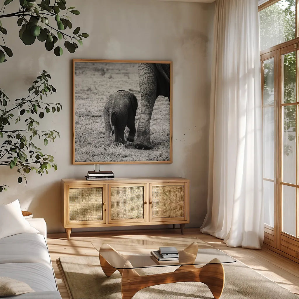 Mama and Baby Elephant II by Aledanda. Shown in a natural wood frame in a cozy modern living room. Available as an archival giclee rolled canvas, fine art paper, or poster print. SKU 58136a.