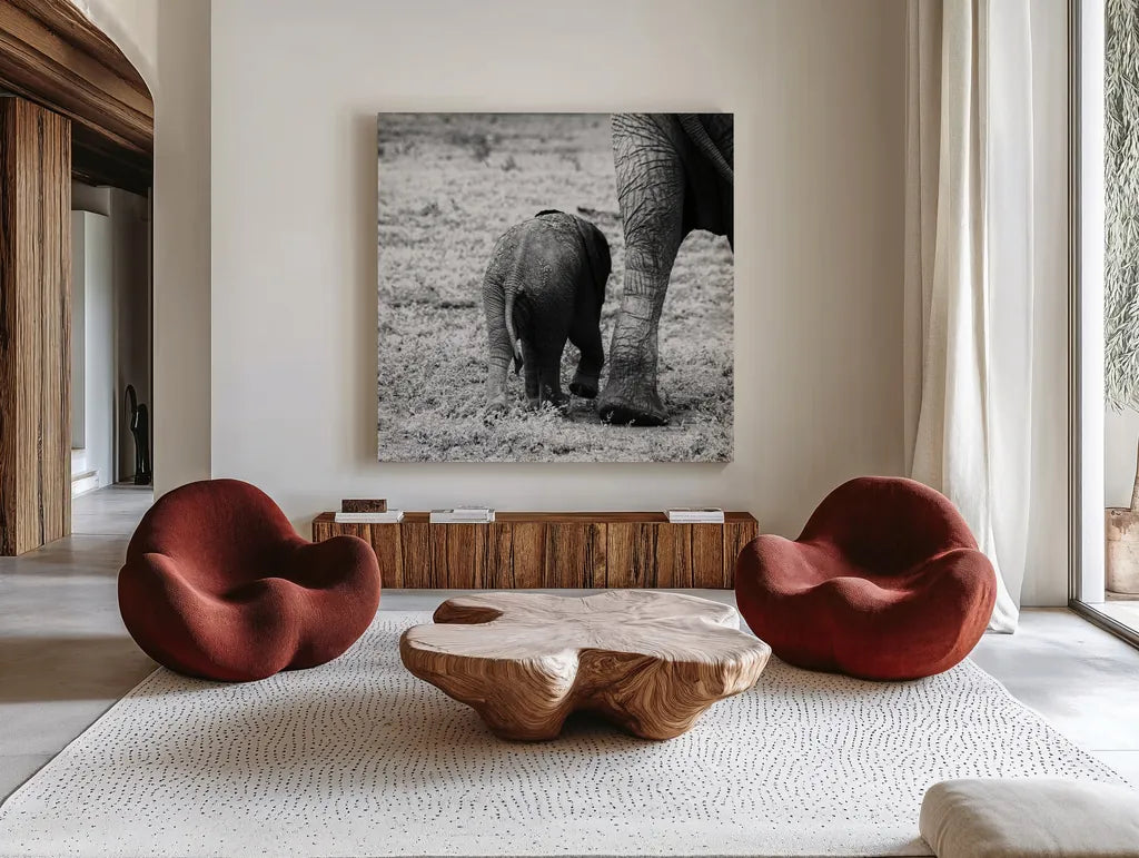 Mama and Baby Elephant II by Aledanda. Shown as extra-large giant wall art in a modern living room. Available as an archival giclee rolled canvas, fine art paper, or poster print. SKU 58136a.
