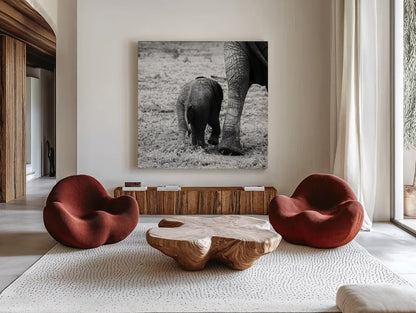 Mama and Baby Elephant II by Aledanda. Shown as extra-large giant wall art in a modern living room. Available as an archival giclee rolled canvas, fine art paper, or poster print. SKU 58136a.