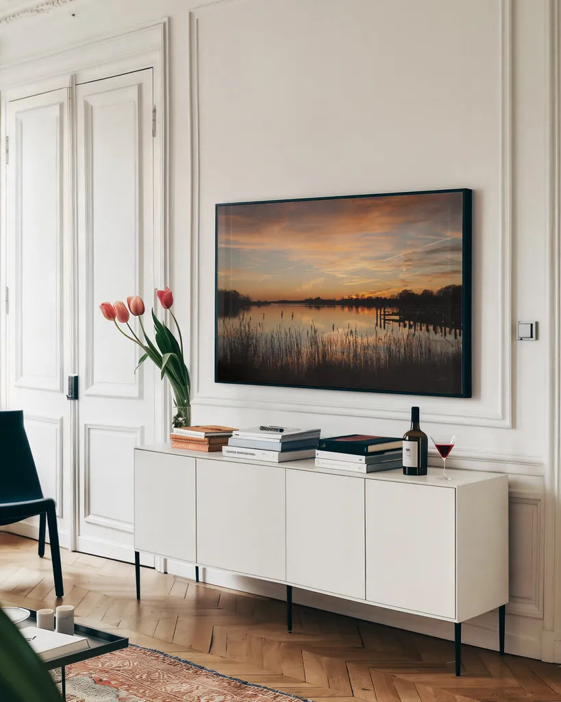 Maryland Sunset I by Aledanda. shown as a framed stretched canvas in a living room above a console. Available as a archival giclee rolled canvas, fine art paper, or poster print. SKU 52951i.