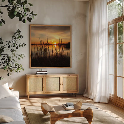 Maryland Sunset II by Aledanda. Shown in a natural wood frame in a cozy modern living room. Available as an archival giclee rolled canvas, fine art paper, or poster print. SKU 52952a.