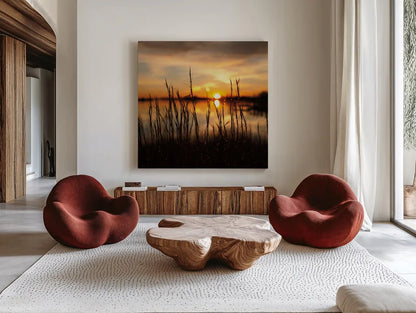 Maryland Sunset II by Aledanda. Shown as extra-large giant wall art in a modern living room. Available as an archival giclee rolled canvas, fine art paper, or poster print. SKU 52952a.