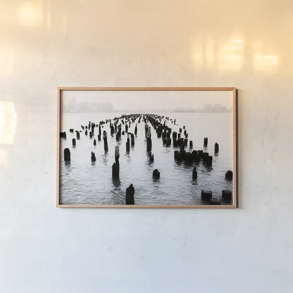 Memory Piers by Aledanda. shown as a paper print in a natural frame. Available as a archival giclee rolled canvas, fine art paper, or poster print. SKU 64373i.
