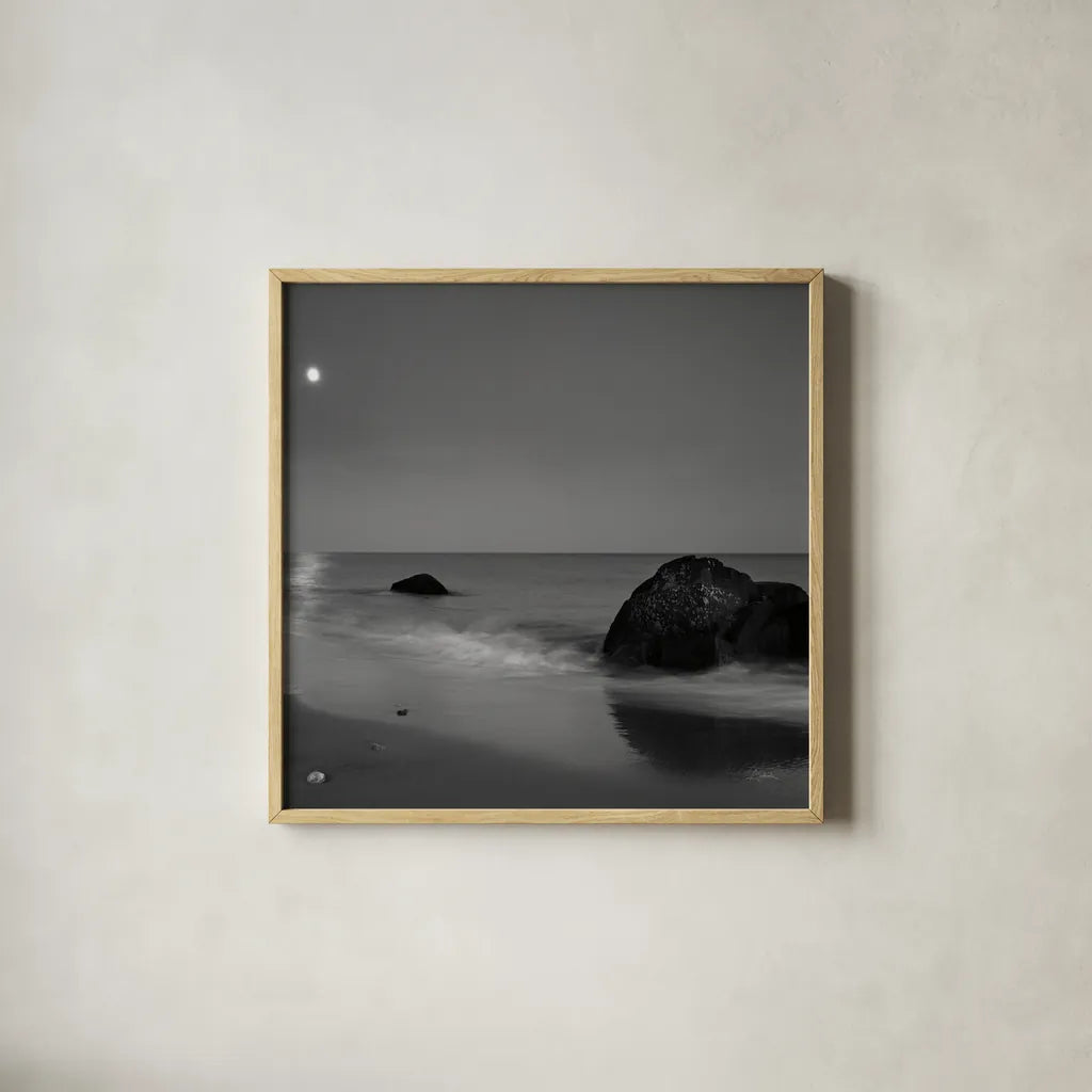 Moonlit I Crop by Aledanda. Shown in a natural wood glass frame for a timeless modern aesthetic. Available as an archival giclee rolled canvas, fine art paper, or poster print. SKU 37443a.