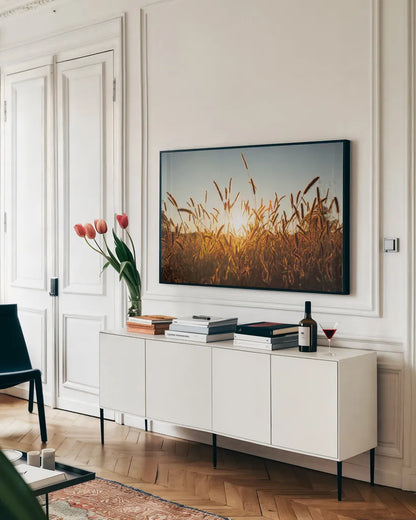 Morning Grain by Aledanda. shown as a framed stretched canvas in a living room above a console. Available as a archival giclee rolled canvas, fine art paper, or poster print. SKU 52954i.