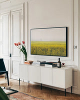 Mustard Seeds by Aledanda. shown as a framed stretched canvas in a living room above a console. Available as a archival giclee rolled canvas, fine art paper, or poster print. SKU 52957i.