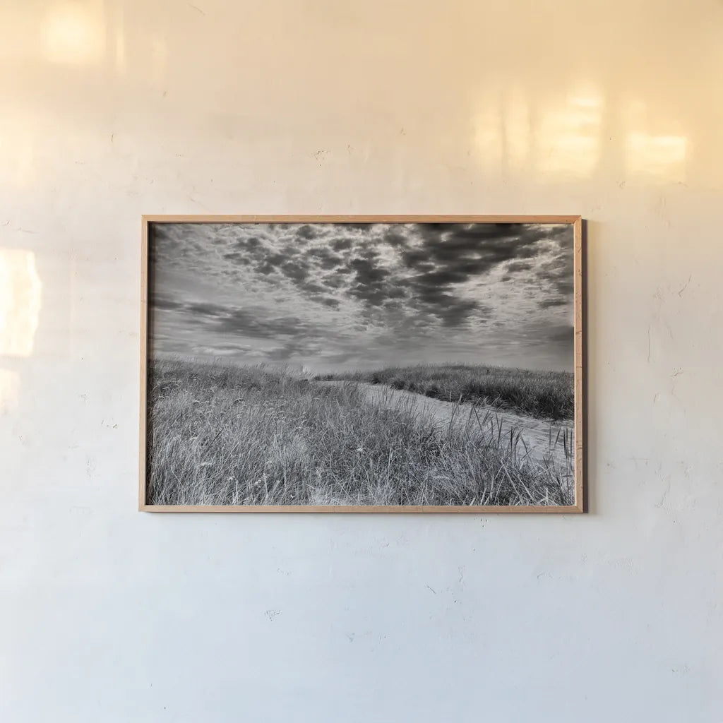 Nantucket Dunes by Aledanda. shown as a paper print in a natural frame. Available as a archival giclee rolled canvas, fine art paper, or poster print. SKU 52953i.