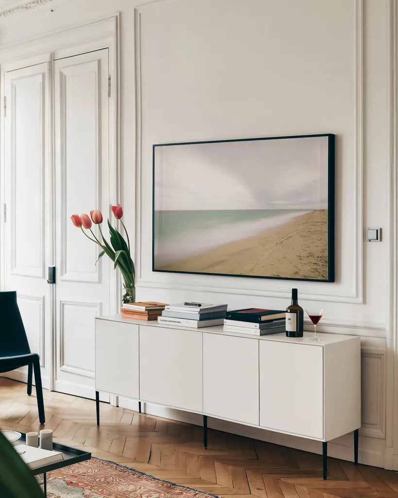 Nantucket I by Aledanda. shown as a framed stretched canvas in a living room above a console. Available as a archival giclee rolled canvas, fine art paper, or poster print. SKU 38038i.