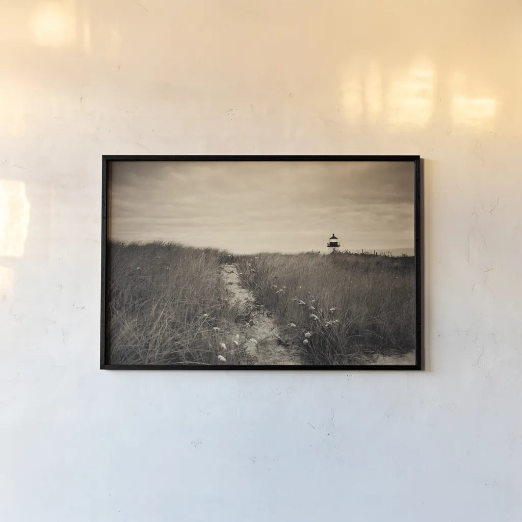 Nantucket Light Sepia by Aledanda. shown as a paper print in a black flame. Available as a archival giclee rolled canvas, fine art paper, or poster print. SKU 79232i.