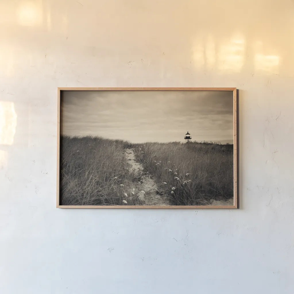 Nantucket Light Sepia by Aledanda. shown as a paper print in a natural frame. Available as a archival giclee rolled canvas, fine art paper, or poster print. SKU 79232i.