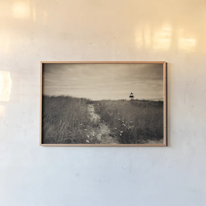 Nantucket Light Sepia by Aledanda. shown as a paper print in a natural frame. Available as a archival giclee rolled canvas, fine art paper, or poster print. SKU 79232i.