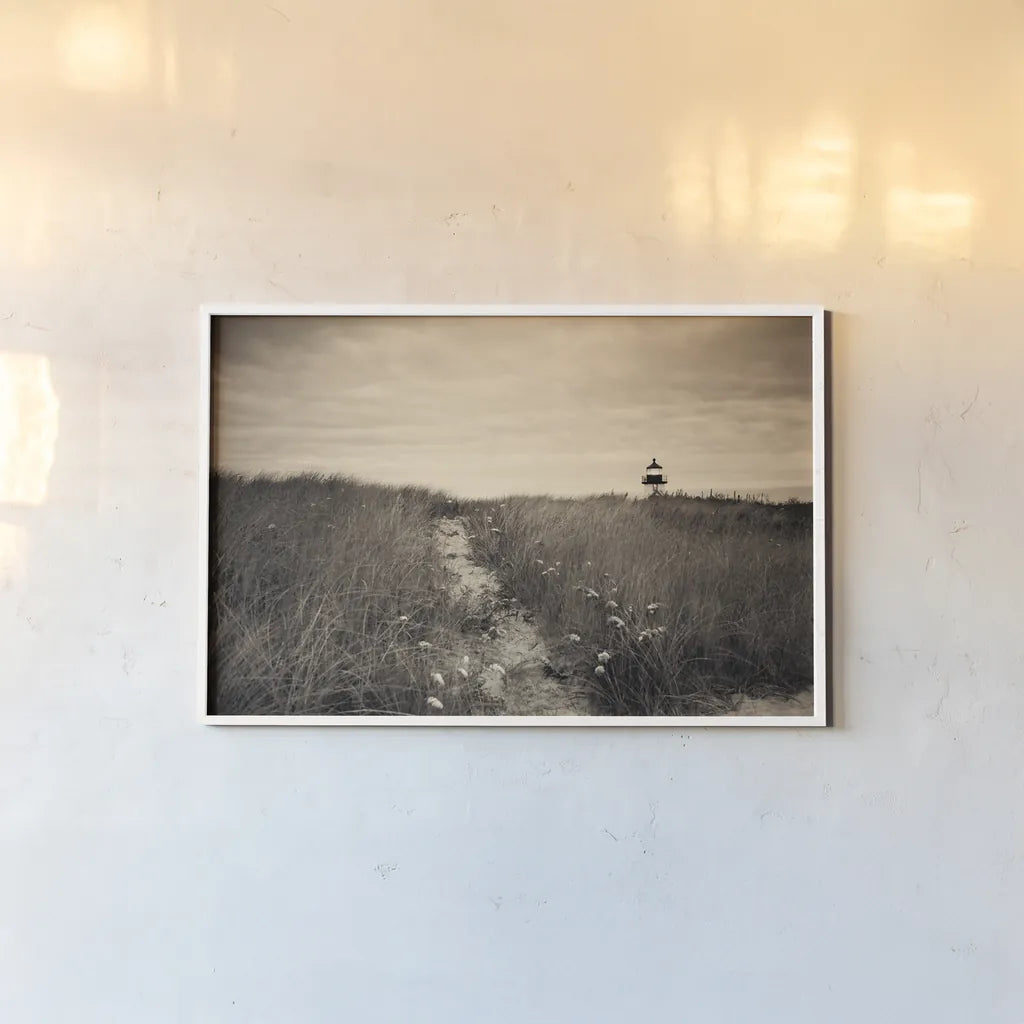 Nantucket Light Sepia by Aledanda. shown as a paper print in a white frame. Available as a archival giclee rolled canvas, fine art paper, or poster print. SKU 79232i.