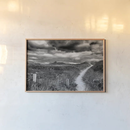 Nantucket Pathway by Aledanda. shown as a paper print in a natural frame. Available as a archival giclee rolled canvas, fine art paper, or poster print. SKU 64375i.