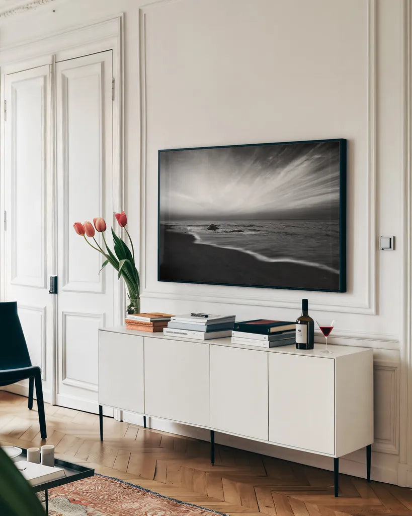 Nantucket Sky by Aledanda. shown as a framed stretched canvas in a living room above a console. Available as a archival giclee rolled canvas, fine art paper, or poster print. SKU 64377i.