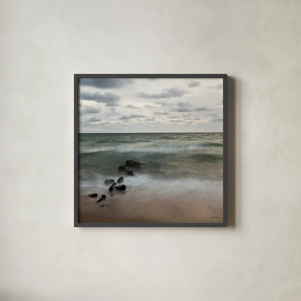 Ocean View I Crop by Aledanda. Shown in a sleek black glass frame for a contemporary gallery look. Available as an archival giclee rolled canvas, fine art paper, or poster print. SKU 9283a.