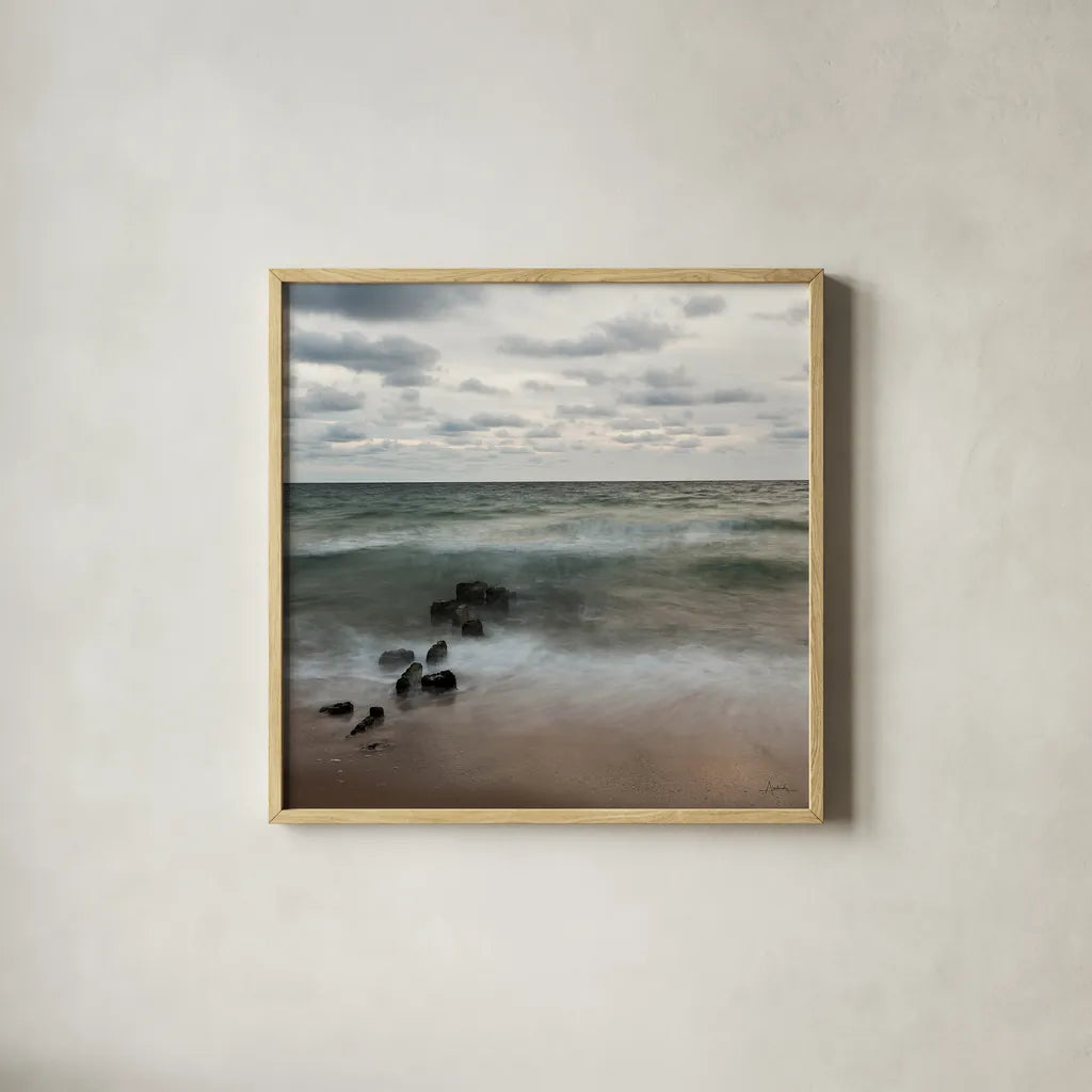 Ocean View I Crop by Aledanda. Shown in a natural wood glass frame for a timeless modern aesthetic. Available as an archival giclee rolled canvas, fine art paper, or poster print. SKU 9283a.