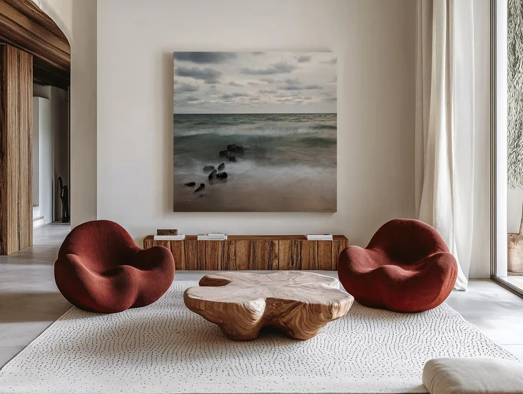 Ocean View I Crop by Aledanda. Shown as extra-large giant wall art in a modern living room. Available as an archival giclee rolled canvas, fine art paper, or poster print. SKU 9283a.