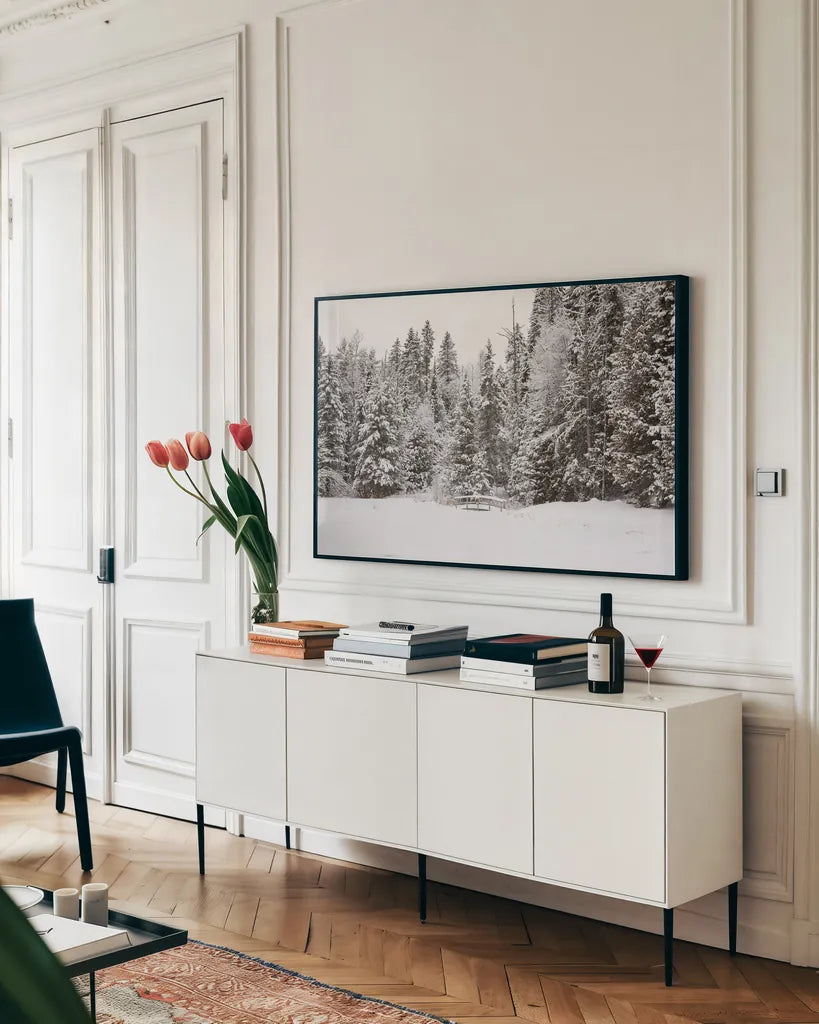 Over the Bridge by Aledanda. shown as a framed stretched canvas in a living room above a console. Available as a archival giclee rolled canvas, fine art paper, or poster print. SKU 60991i.