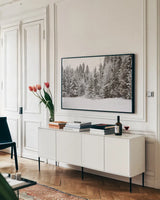 Over the Bridge by Aledanda. shown as a framed stretched canvas in a living room above a console. Available as a archival giclee rolled canvas, fine art paper, or poster print. SKU 60991i.