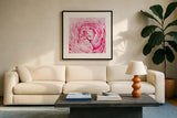 Pale Pink Peony by Aledanda. Displayed in a glass frame with matte in a clean modern living room. Available as an archival giclee rolled canvas, fine art paper, or poster print. SKU 37453a.