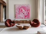 Pale Pink Peony by Aledanda. Shown as extra-large giant wall art in a modern living room. Available as an archival giclee rolled canvas, fine art paper, or poster print. SKU 37453a.