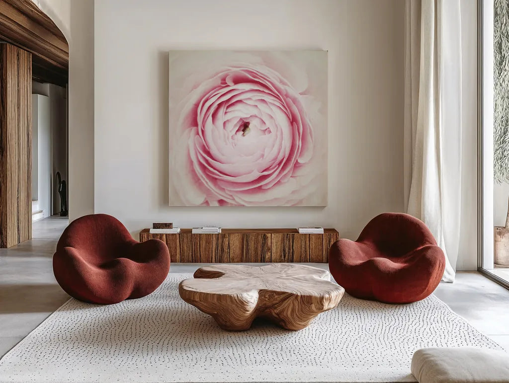 Peony Blossom by Aledanda. Shown as extra-large giant wall art in a modern living room. Available as an archival giclee rolled canvas, fine art paper, or poster print. SKU 37452a.