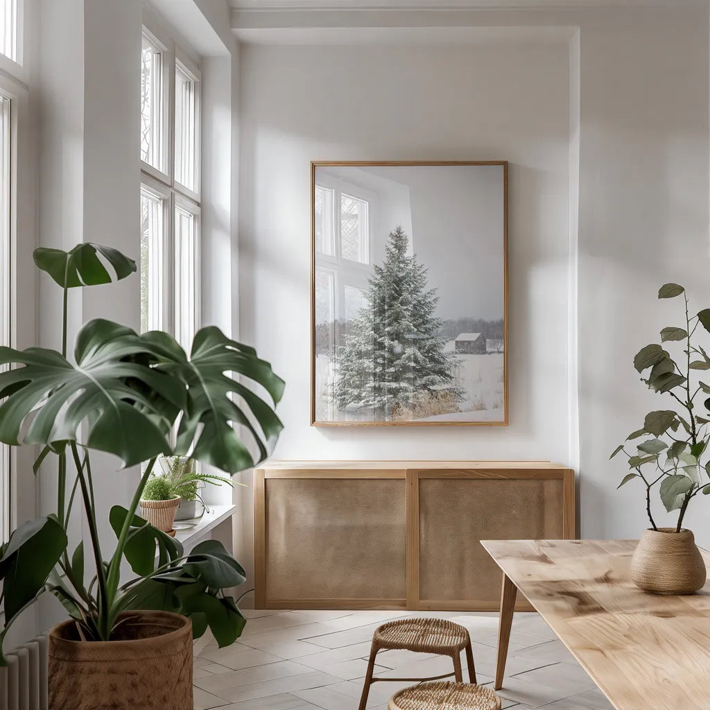 Perfect Pine Tree by Aledanda. shown as a print in a natural wood frame in a dining room. Available as a archival giclee rolled canvas, fine art paper, or poster print. SKU 60998h.