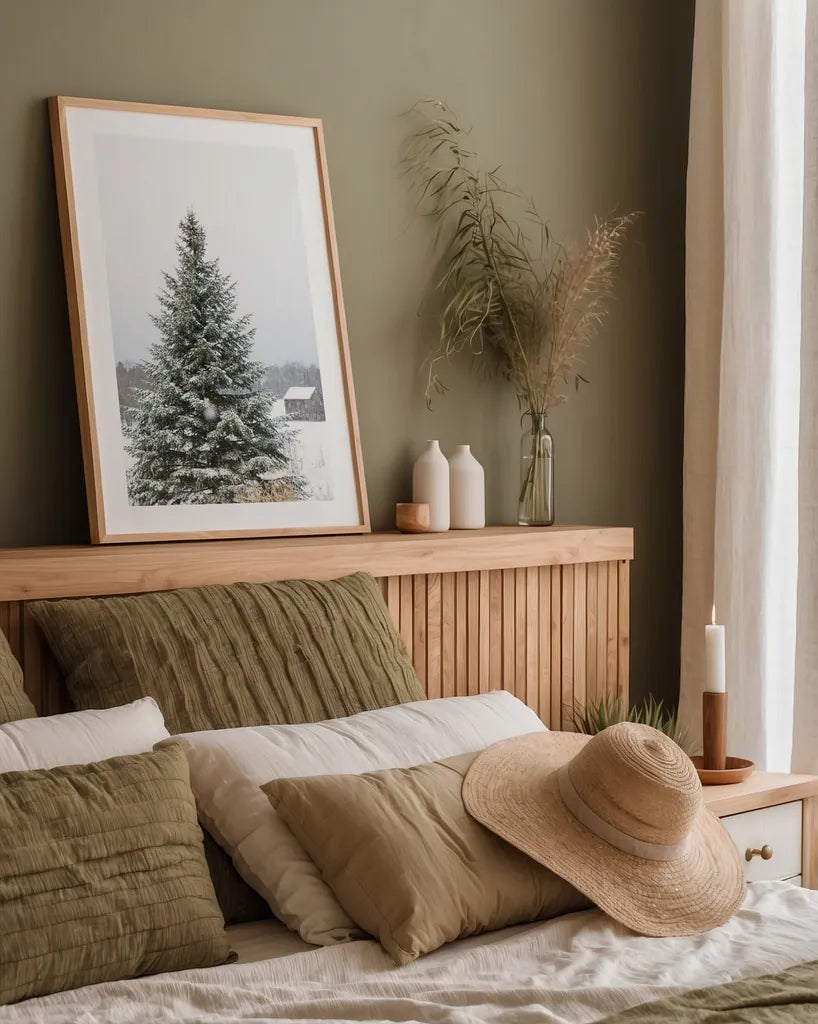 Perfect Pine Tree by Aledanda. shown as a paper print in a natural frame. Available as a archival giclee rolled canvas, fine art paper, or poster print. SKU 60998h.