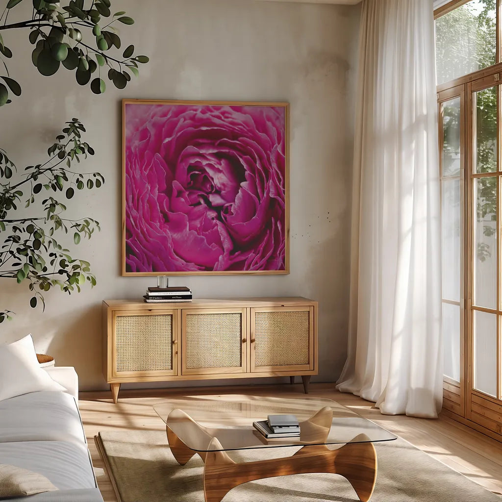 Pink Peony by Aledanda. Shown in a natural wood frame in a cozy modern living room. Available as an archival giclee rolled canvas, fine art paper, or poster print. SKU 37451a.