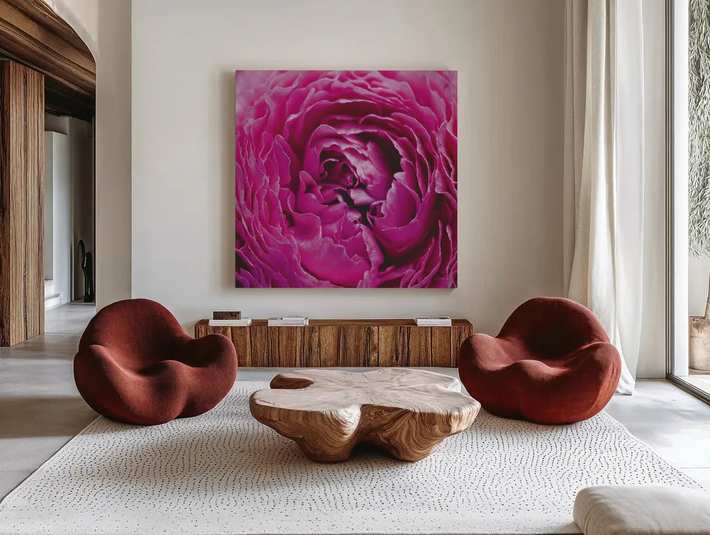 Pink Peony by Aledanda. Shown as extra-large giant wall art in a modern living room. Available as an archival giclee rolled canvas, fine art paper, or poster print. SKU 37451a.