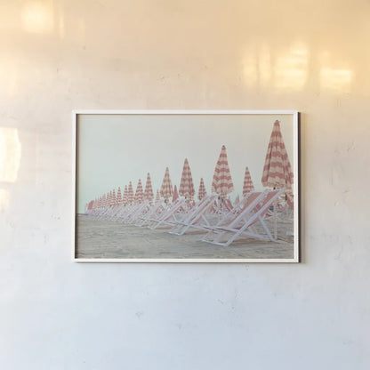 Pink Umbrellas by Aledanda. shown as a paper print in a white frame. Available as a archival giclee rolled canvas, fine art paper, or poster print. SKU 82460i.