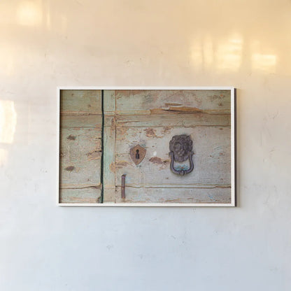 Please Knock by Aledanda. shown as a paper print in a white frame. Available as a archival giclee rolled canvas, fine art paper, or poster print. SKU 58398i.