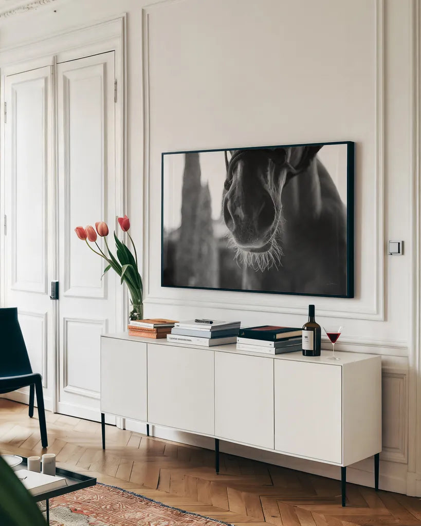 Polo Pony Closeup by Aledanda. shown as a framed stretched canvas in a living room above a console. Available as a archival giclee rolled canvas, fine art paper, or poster print. SKU 61297i.