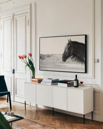 Pretty Girl by Aledanda. shown as a framed stretched canvas in a living room above a console. Available as a archival giclee rolled canvas, fine art paper, or poster print. SKU 47851i.