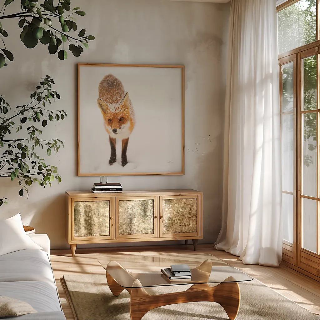 Red Fox I by Aledanda. Shown in a natural wood frame in a cozy modern living room. Available as an archival giclee rolled canvas, fine art paper, or poster print. SKU 53600a.