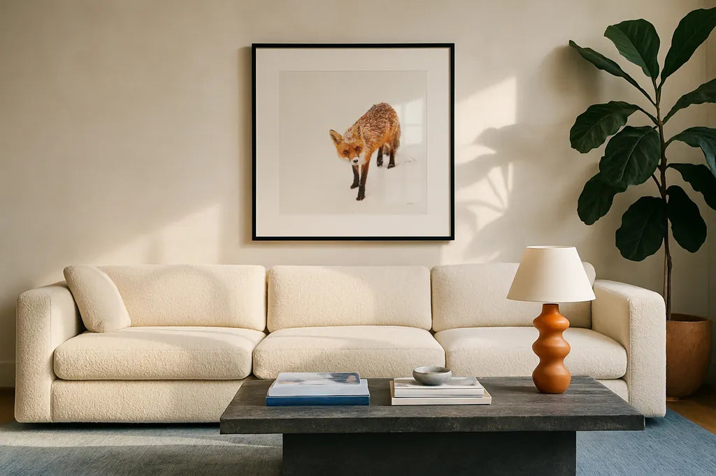 Red Fox II by Aledanda. Displayed in a glass frame with matte in a clean modern living room. Available as an archival giclee rolled canvas, fine art paper, or poster print. SKU 53601a.