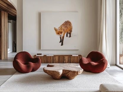 Red Fox II by Aledanda. Shown as extra-large giant wall art in a modern living room. Available as an archival giclee rolled canvas, fine art paper, or poster print. SKU 53601a.