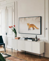 Red Fox IV by Aledanda. shown as a framed stretched canvas in a living room above a console. Available as a archival giclee rolled canvas, fine art paper, or poster print. SKU 53603i.