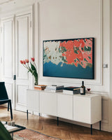 Reflections of Burano IV by Aledanda. shown as a framed stretched canvas in a living room above a console. Available as a archival giclee rolled canvas, fine art paper, or poster print. SKU 41597i.