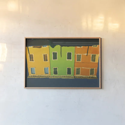 Reflections of Burano IX by Aledanda. shown as a paper print in a natural frame. Available as a archival giclee rolled canvas, fine art paper, or poster print. SKU 41602i.