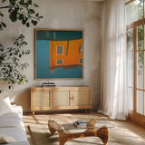 Reflections of Burano VII by Aledanda. Shown in a natural wood frame in a cozy modern living room. Available as an archival giclee rolled canvas, fine art paper, or poster print. SKU 41600a.