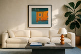Reflections of Burano VII by Aledanda. Displayed in a glass frame with matte in a clean modern living room. Available as an archival giclee rolled canvas, fine art paper, or poster print. SKU 41600a.
